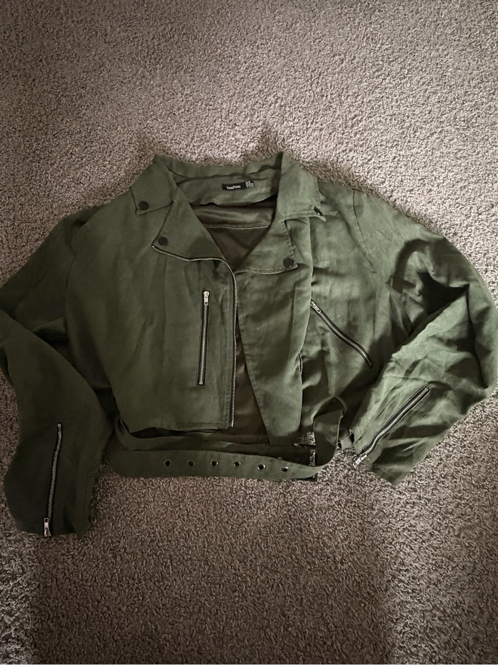 Boohoo Olive Green Cropped Moto Jacket